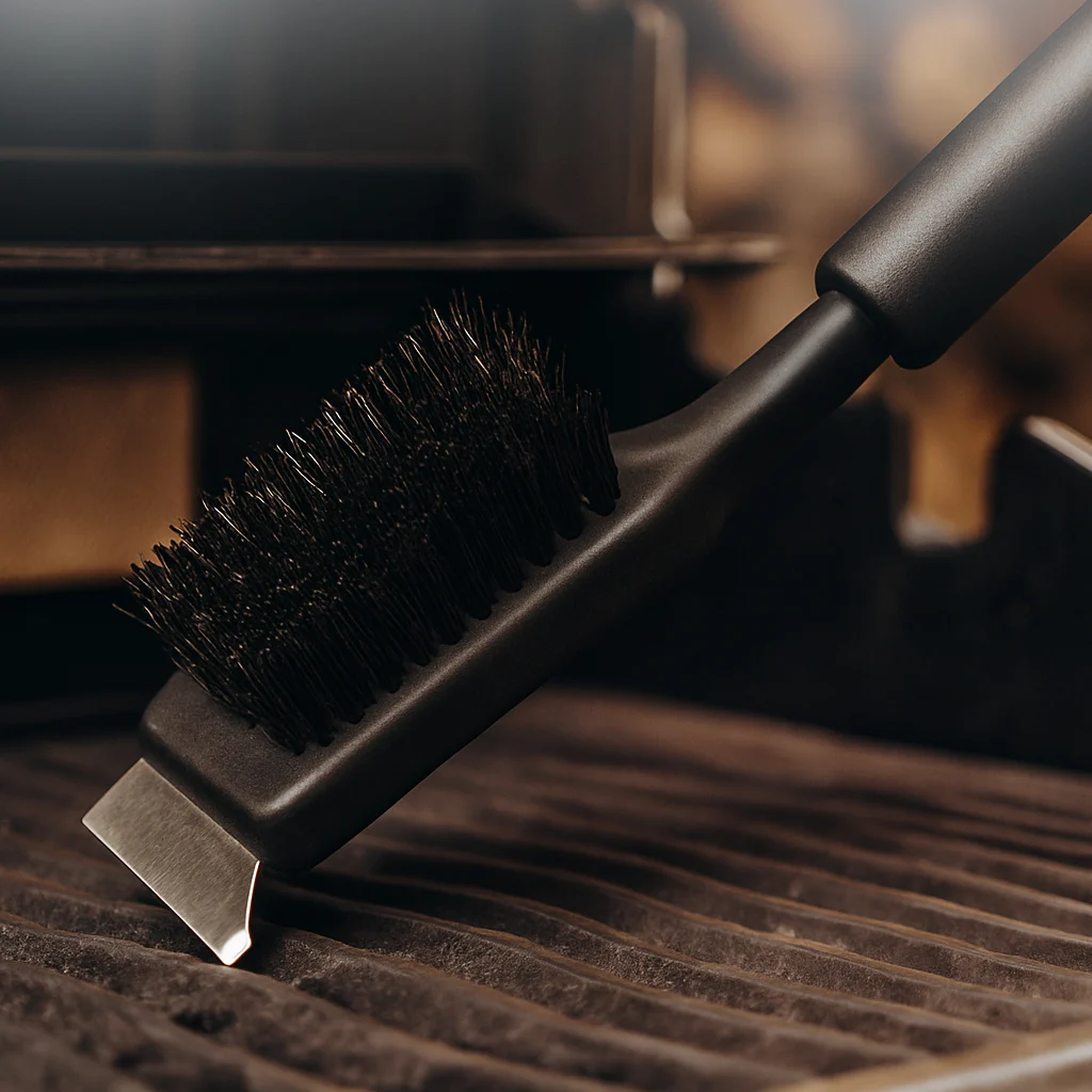premium grilling brush from BBQHOUSE with stainless steel scraper